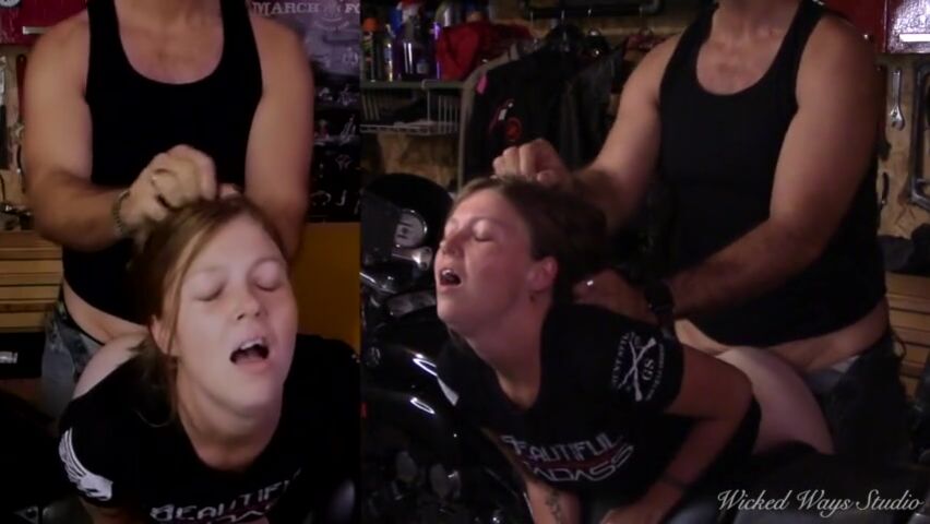 Mature mechanic in a garage banging an 18-year-old beauty on a motorcycle 